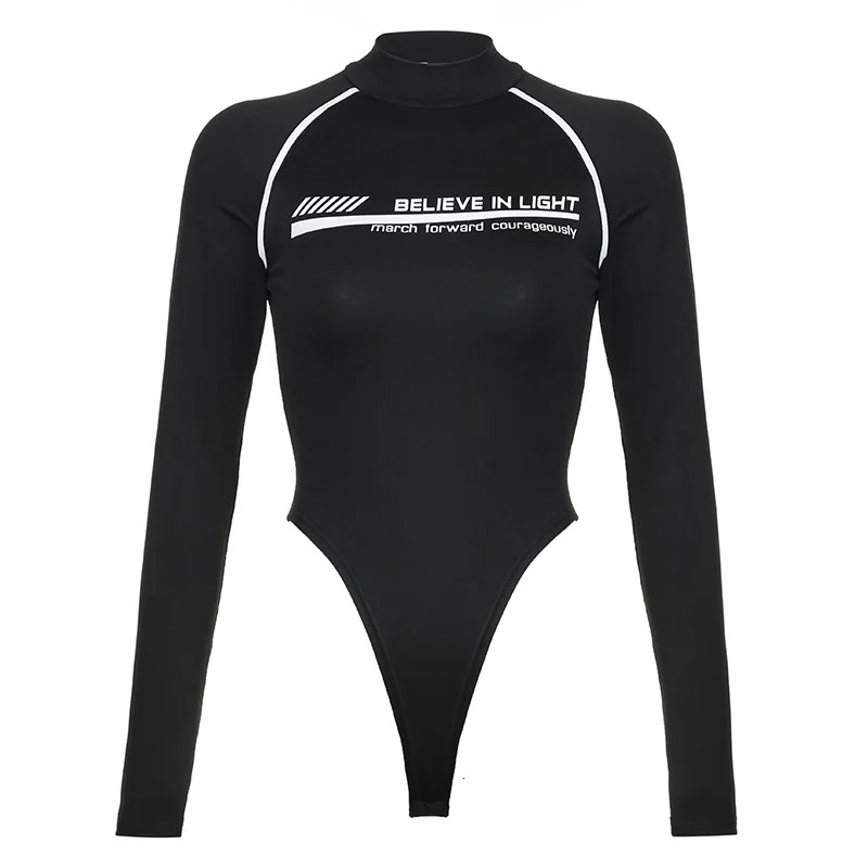 BIIKPIIK Moto biker Women Letter Printed Casual Bodysuits Fashion Contrasting Slim Fit Rompers Allmatch Long Sleeve Tops Trendy 250211