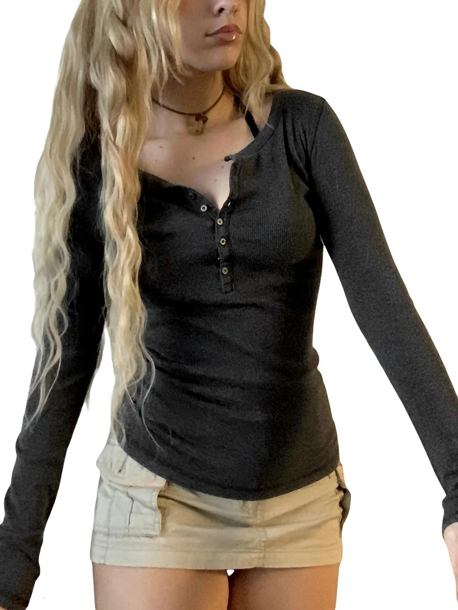 Women s Spring Autumn Slim Tops Black Long Sleeve Button Down Ribbed Skinny Tshirt 250211