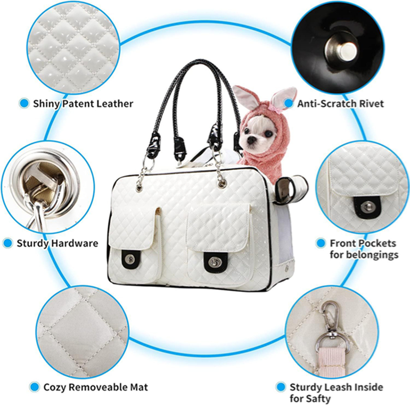 Luxurious Pet Carrier, Small Dog Carrier Two Snack Pockets, Waterpro of Shiny Leather Cats Carrying Handbag with Breathable Mesh for 8 LBS Dogs White 