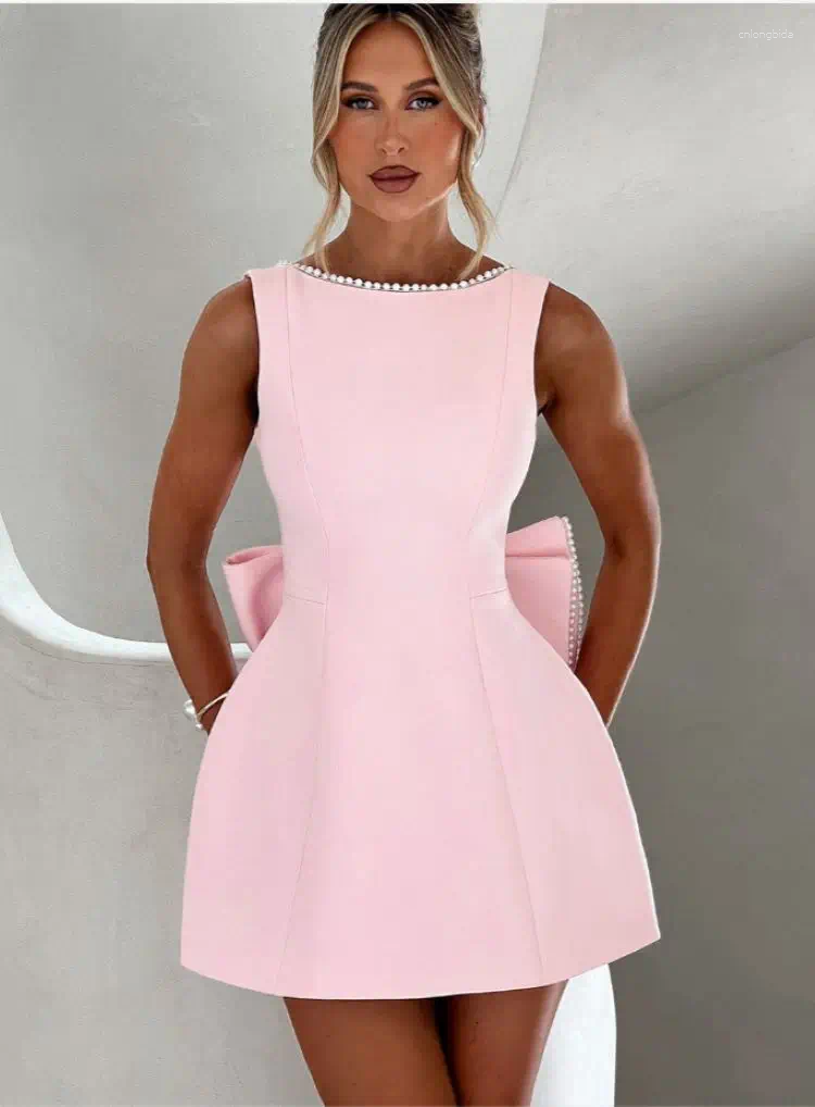 Casual Dresses Elegant Pearl Bow Backless Short Dress Women's Sleeveless Party Cute Mini Black White Pink Chic Birthday Evening Y2K