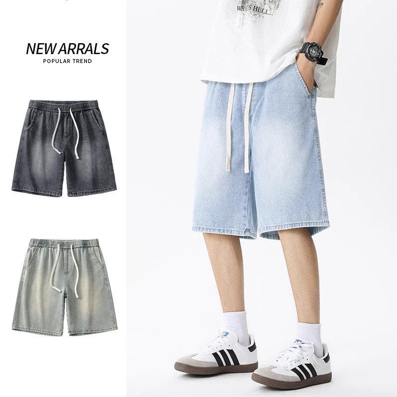 Casual Denim Shorts Men Elastic Waist Straight Comfortable Light Blue Soft Short Pants Baggy Wide Bermuda Male Jeans 250213