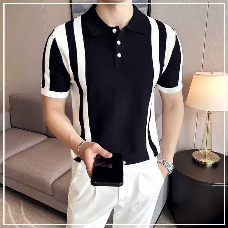 2024 New Summer Retro Casual Business Fashion Polo Necklace with Contrast Stripe Printed Short Sleeve Ice Silk Mens T-shirt X250213
