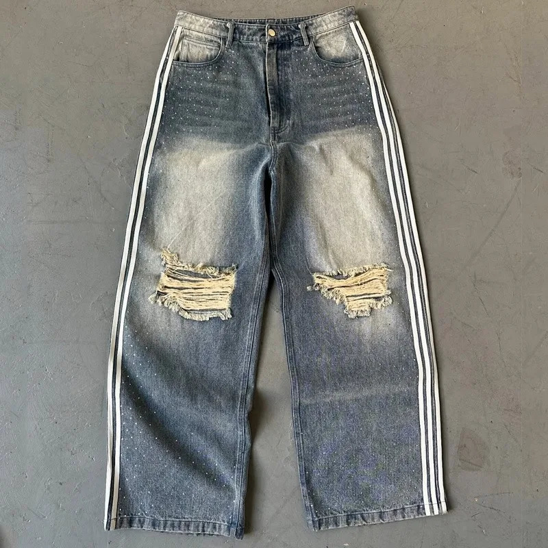 Y2K baggy jean American street style hole phantom fashionable lines floor length pant Gothic washed Cat whisker hip hop men pant 250213