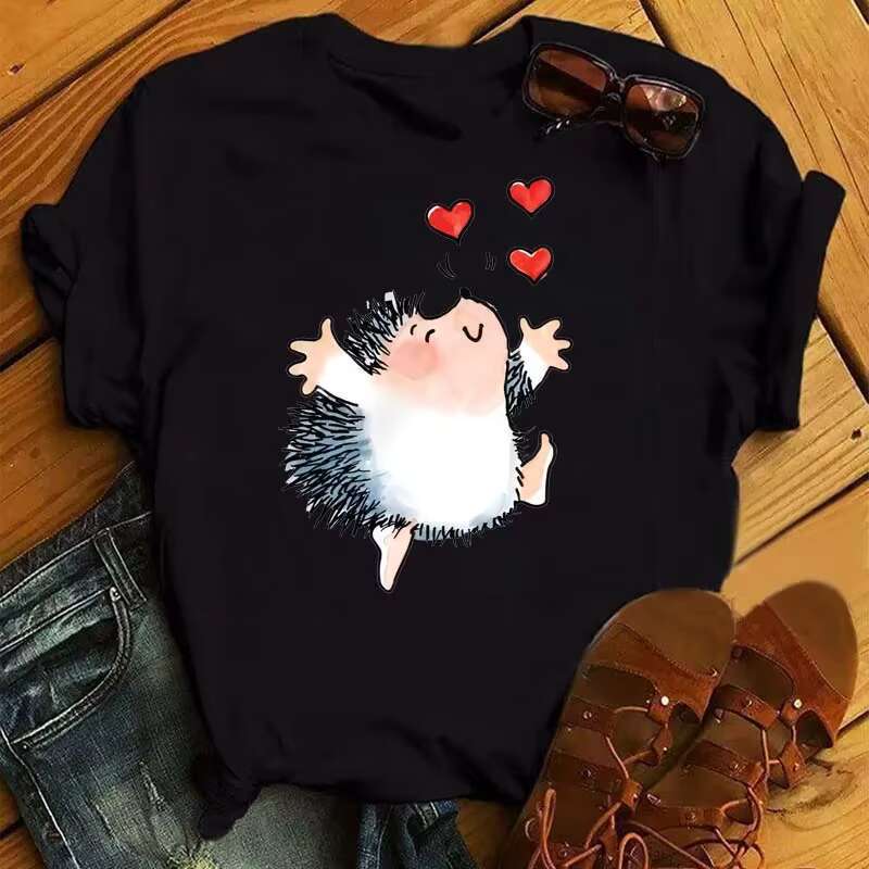Plus Size Maycaur Cute T-shirt Female Hedgehog Dandelion Print Summer Casual Short Sleeves Tee Tops Kawaii Women Tshirt