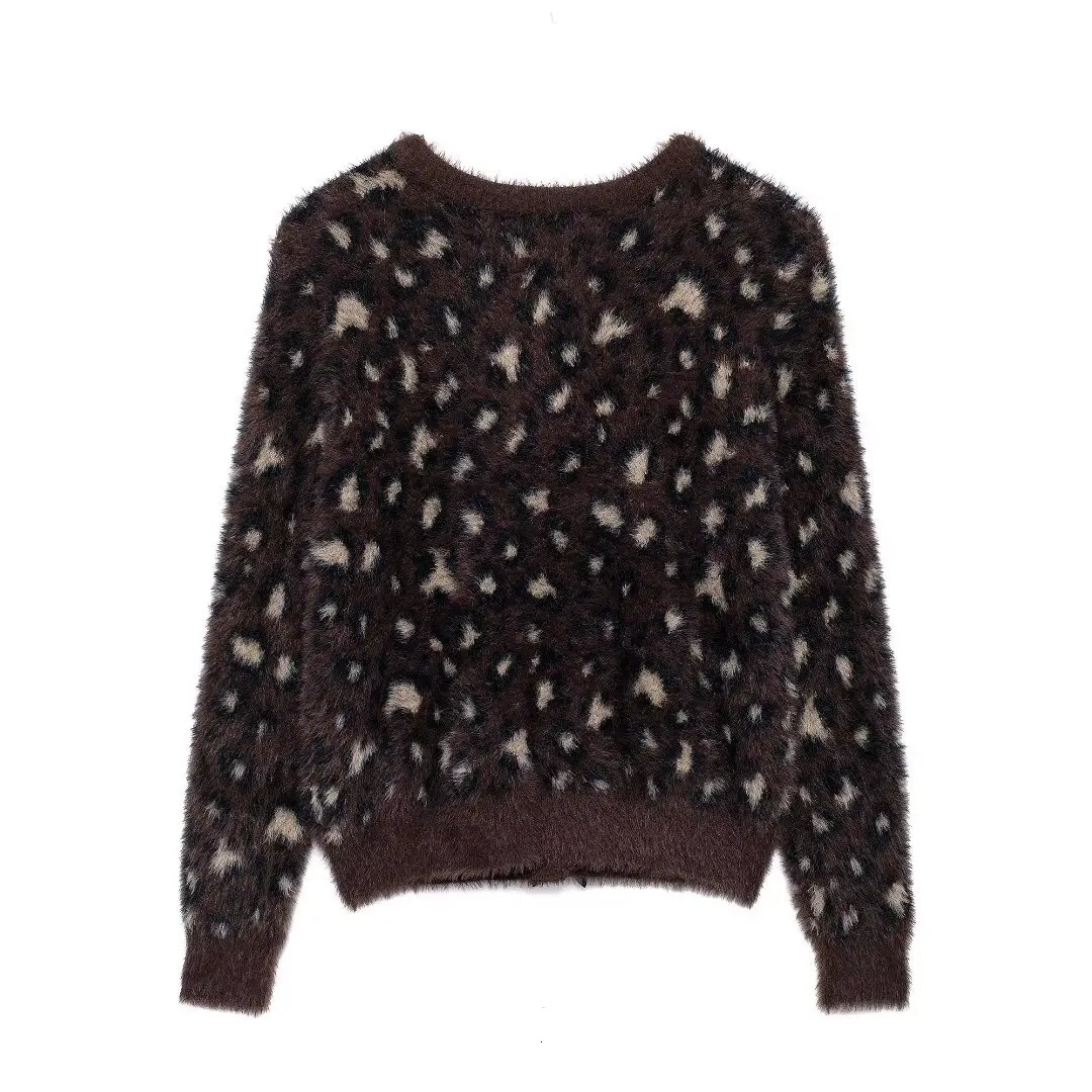 European and American style faux fur effect round neck bow knit cardigan wool sweater for women soft and versatile sweater jacket 250206
