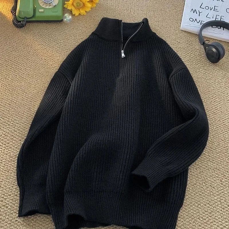 Autumn Winter Half Zipper Sweater for Men Knitted Thickened Vintage Solid Color Comfortable Fashion Men Clothing Pullover 250208