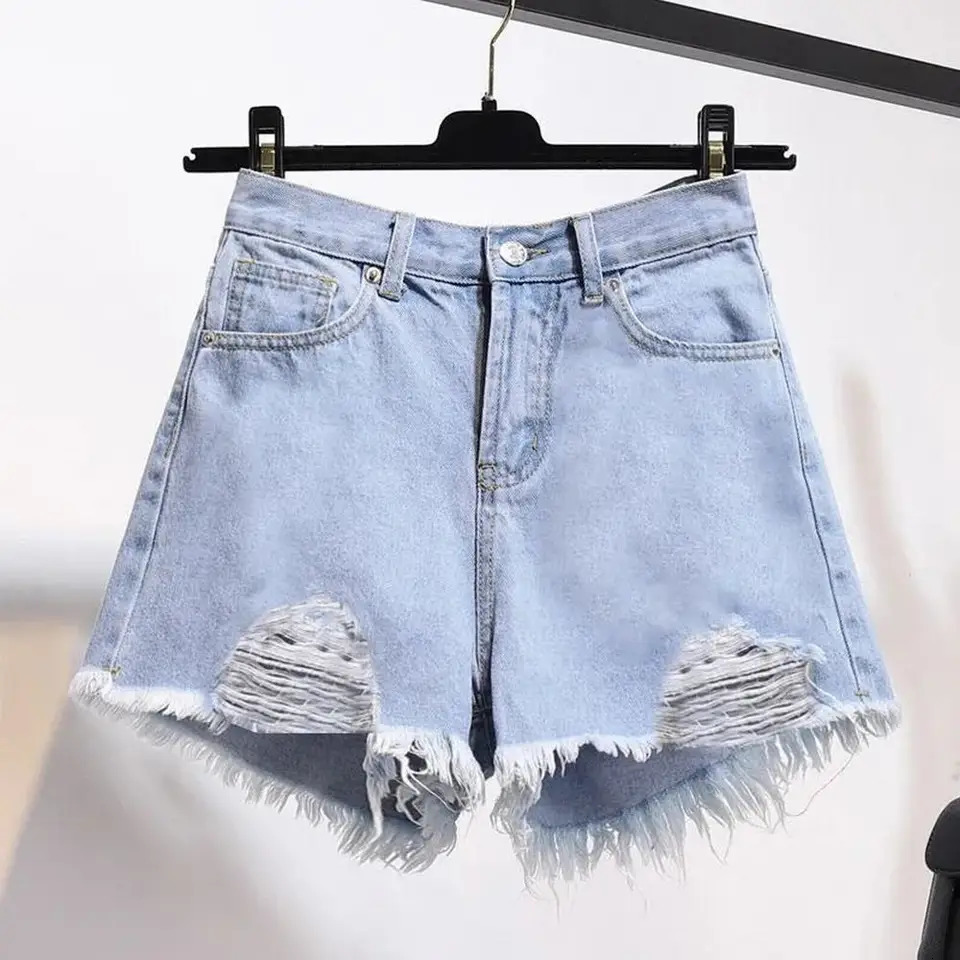 Summer Womens Cowboy Shorts Korean High Waist Casual Denim Shorts Pocket Tassel Perforated Ripped Holes Y2K Girls White Jeans 250213