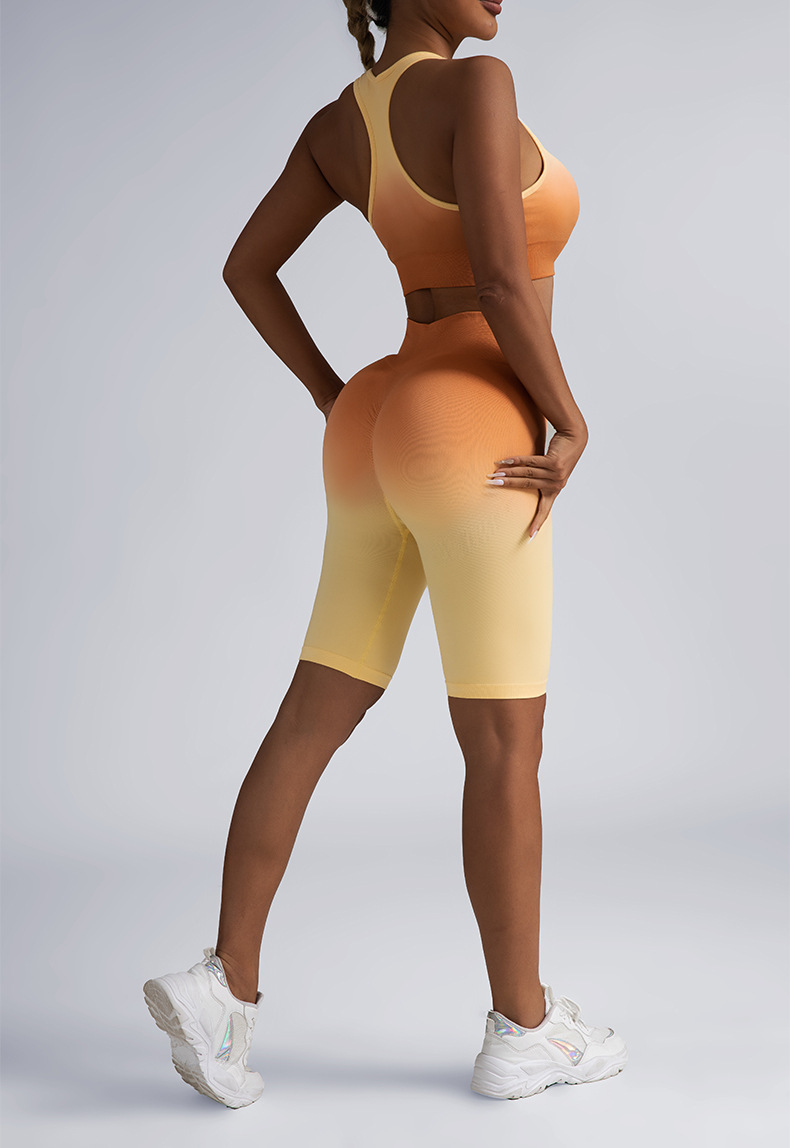 Advanced women's designer casual two-piece gradient hanging dye yoga set beautiful back bra peach hip shorts fitness clothes sportswear