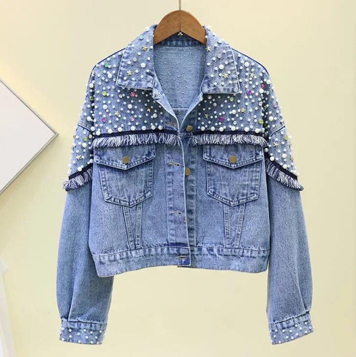 Whole sale woman jean jacket denim pearl beaded diamond long sleeve coat ladies denim jacket women 250213