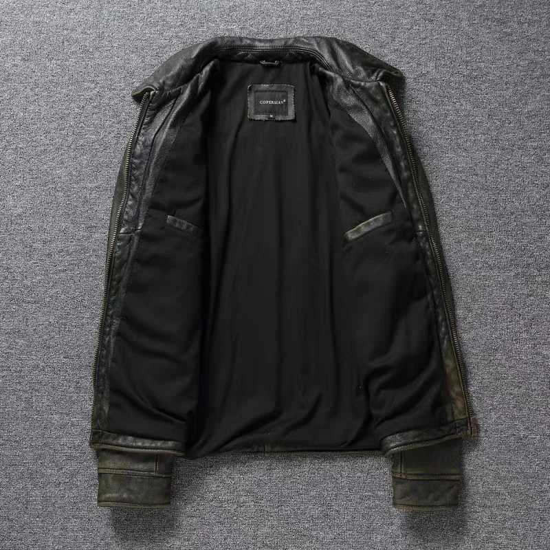 American leather jacket mens motorcycle jacket retro Distressed graphite olive green ultra-thin lapel jacket new style X250213