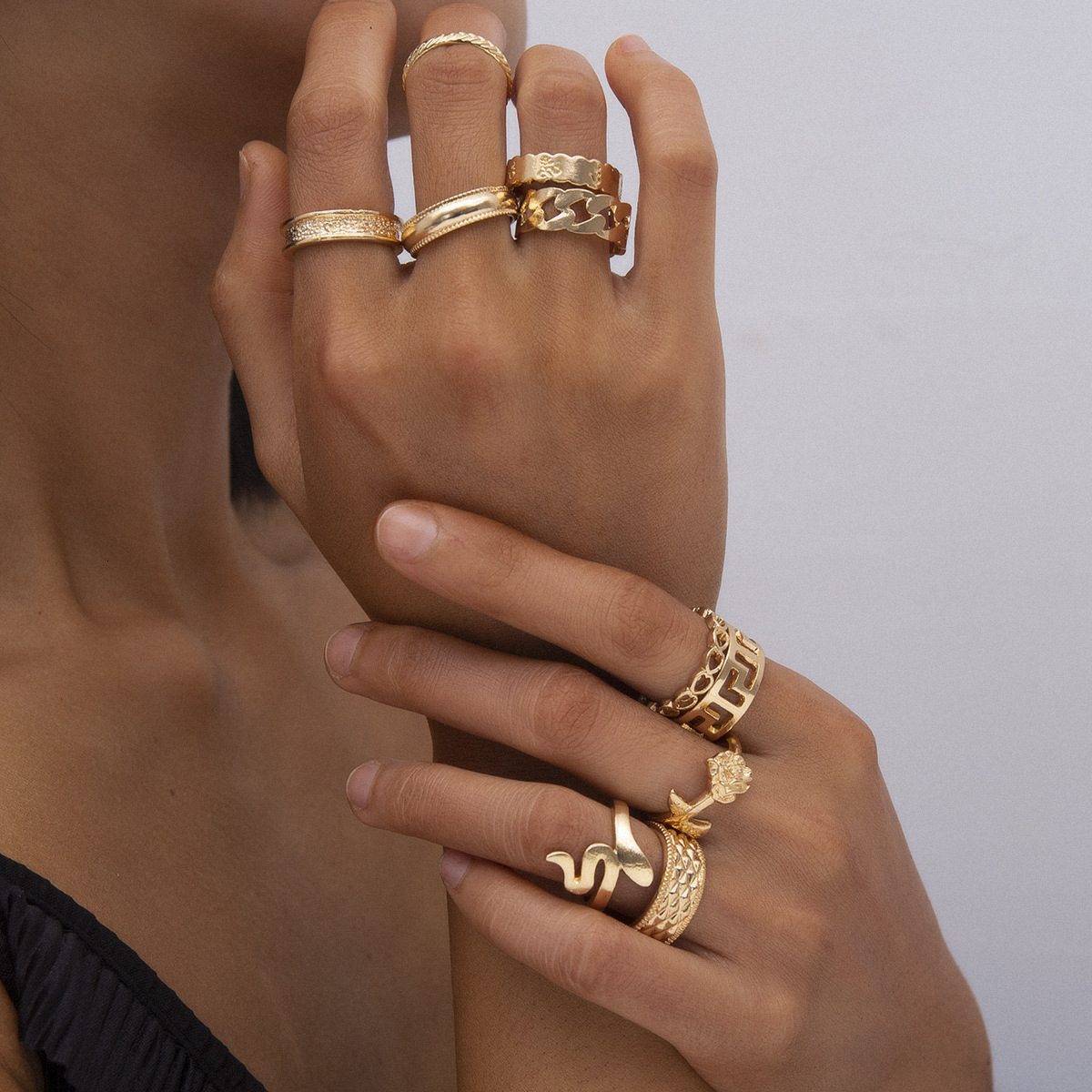 Woman fashion Jewelry geometric dia multiple handmade female punk snake rose hollow out set ring
