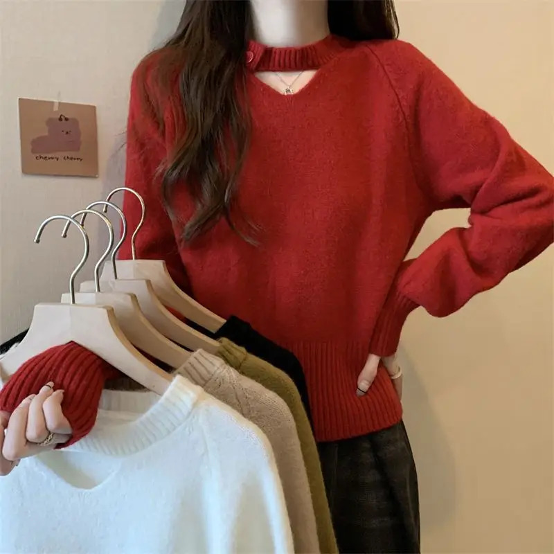 Hollow Out Solid Color Sweater Women Autumn Winter Trend O-neck Long Sleeve Knitwear Simplicity All-match Fashion Knitting Tops 250210