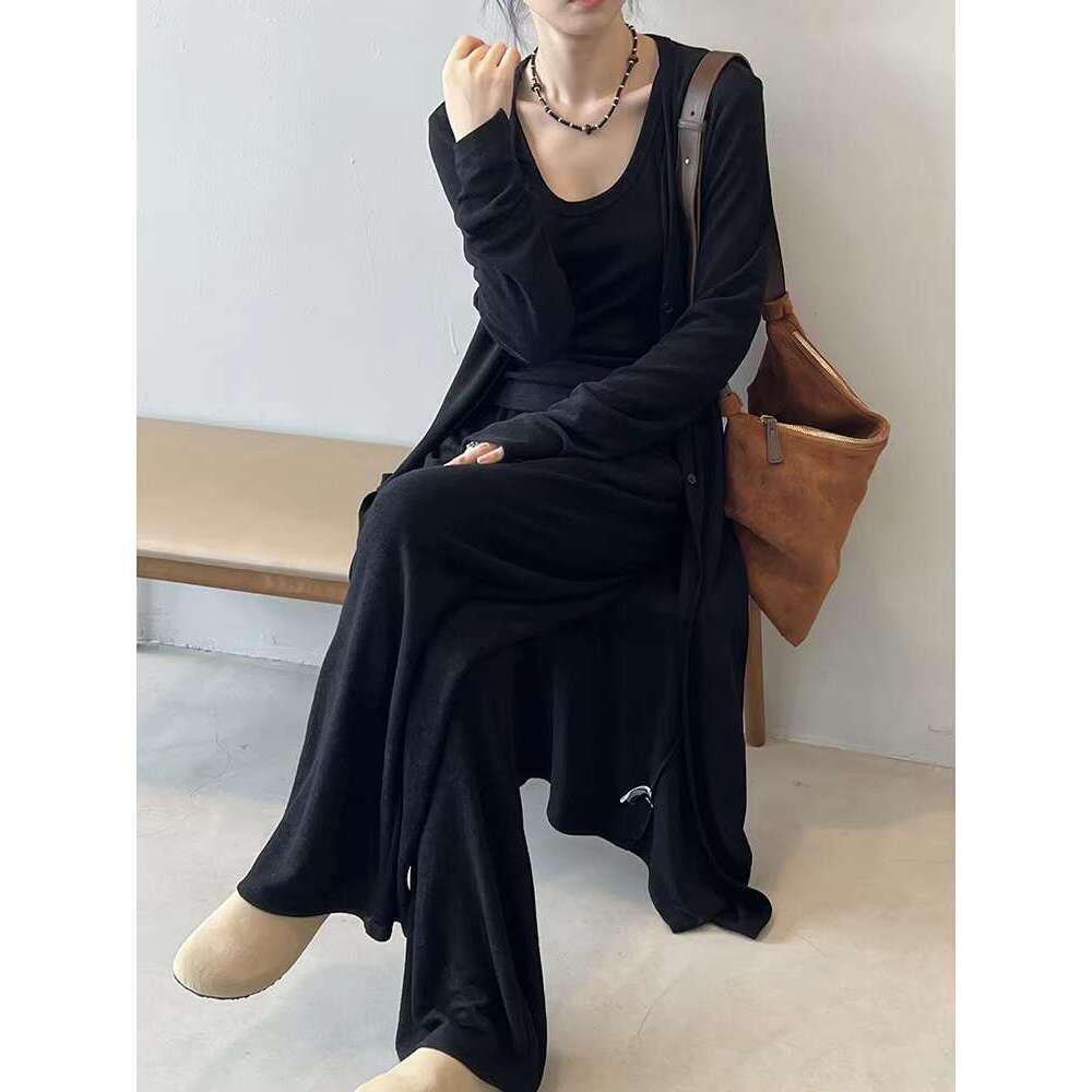 Knitting 3 Piece Set Women Fit Vest Long Sleeve Cardigan Coats Elastic High Waist Pants 2025 Autumn New