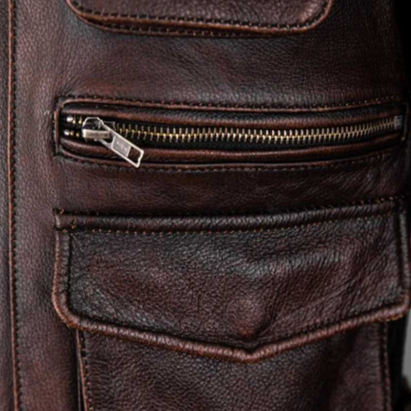 Retro reddish brown autumn leather jacket mens hunting style Plus size 6XL natural denim four pocket leather coat X250213