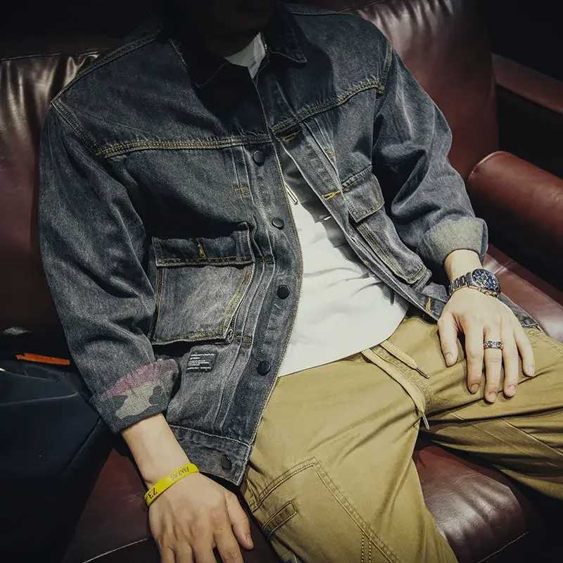 Plus Size Cowboy Coat for Men Button Denim Jackets Man Cargo Y2k High Quality Loose New In Outwear On Board Elatic Rock X250213