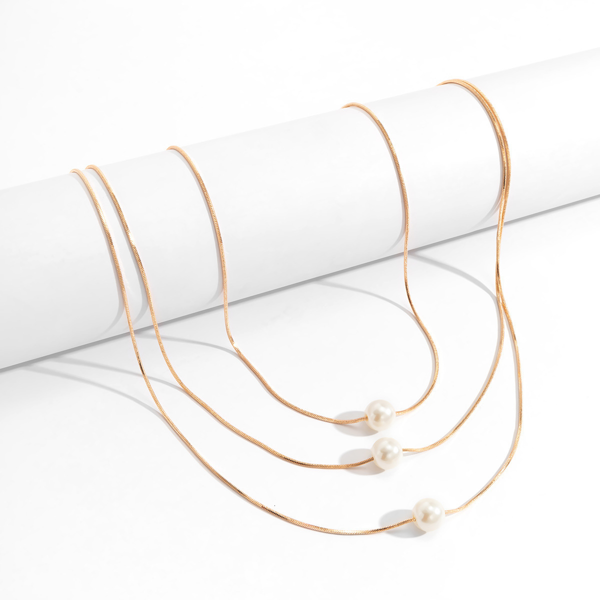 fashion Jewelry French style multi-layer layered imitation pearl pendant with geometric designer thin chain snake bone necklace