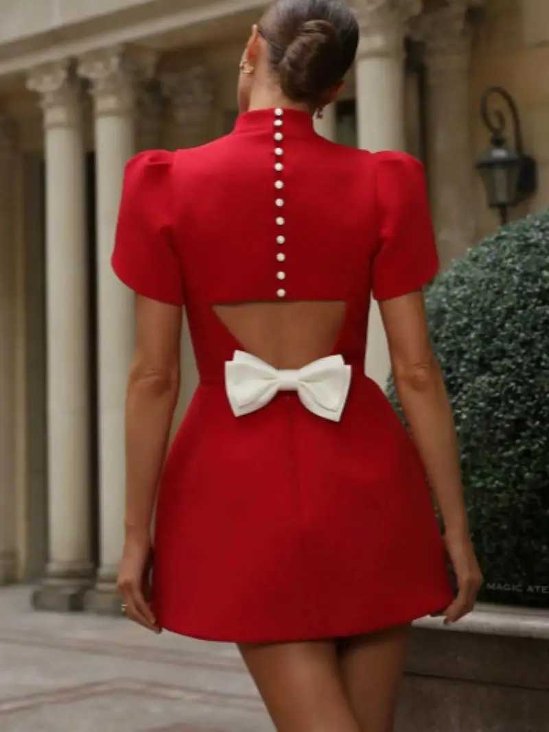 Elegant Womens White Bow Hollow Out Chic Mini Dress Luxury Short Dresses Casual Black Red Evening Party Dresses Birthday SummerT250211
