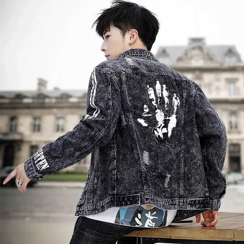 Mens Jean Coats with Hole Ripped Mens Denim Jacket Punk Rock Menswear Size L G Casual Loose Joker One Piece Washed Trendy Large X250213