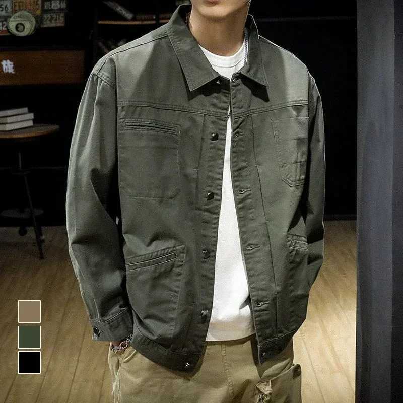 Warm apron autumn khaki denim jacket mens goods black button apron jeans jacket mens wool denim loose retro G X250213
