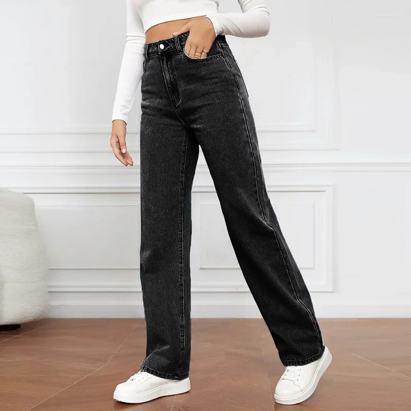 CNLONGBIDA Women's Jeans Denim Women Straight Pants Washing High Waist Loose Pockets Basics Ankle Length Y2k Blue Streetwear Slight Strech