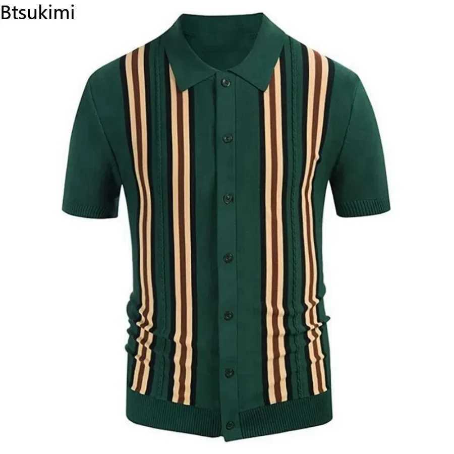 2025 Spring Summer Mens Short Sleeve Polo Shirt Knitted Slim Business Cardigan Shirt Streetwear Casual Tops Mens Shirt X250213