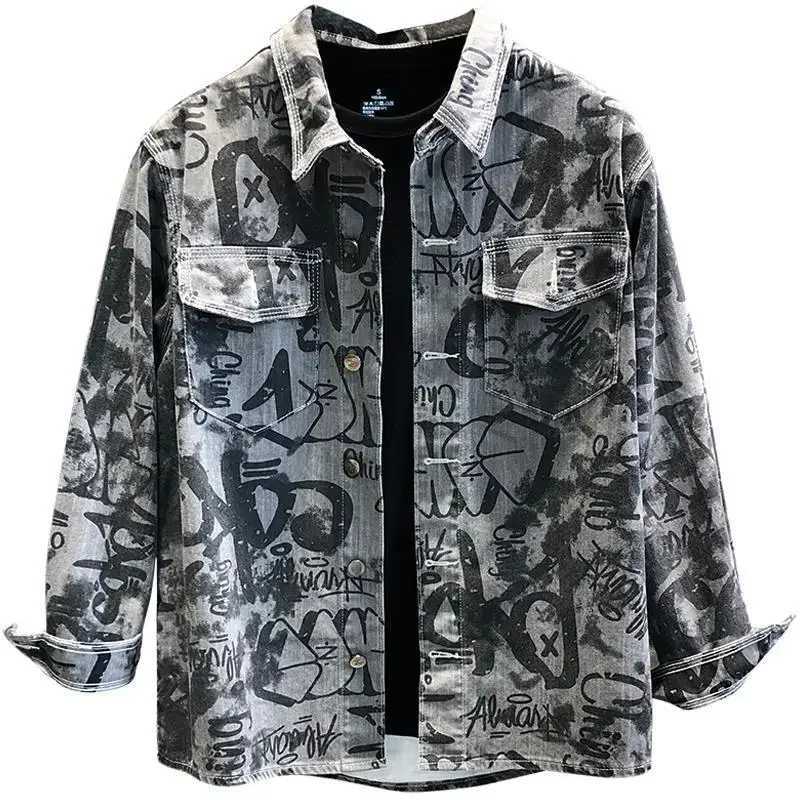 Mens Denim Jacket Long Shirt Wide Shoulders Fashion Male Jean Coats Sleeves Korean Popular Clothes Lxury Print Vintage Cowboy X250213