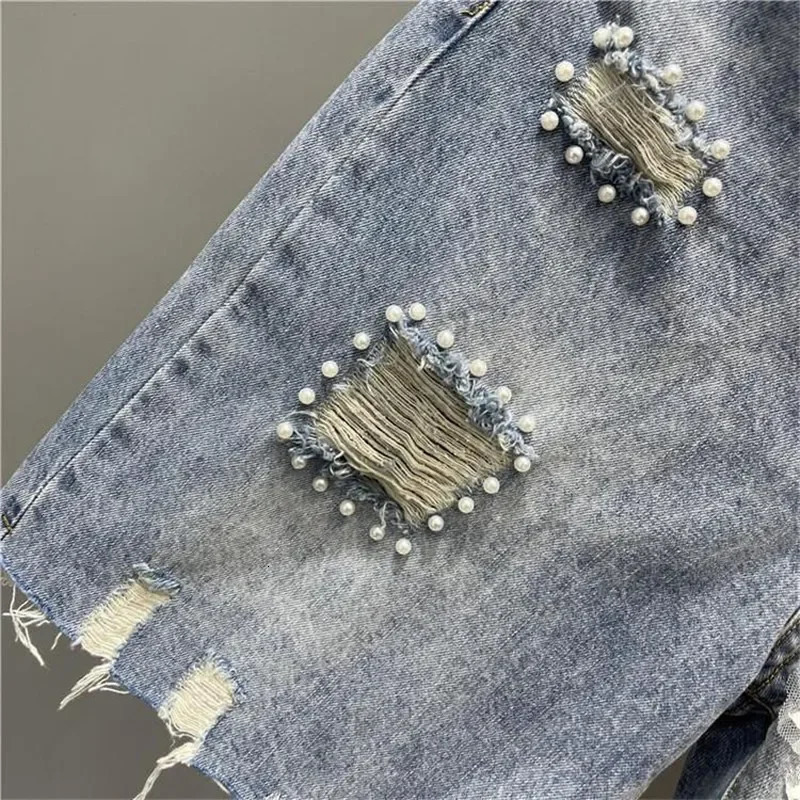 Summer Nail bead 3D three-dimensional flower Denim Shorts Women European High Waist Washed Pants Stretchy Jeans pants 250210