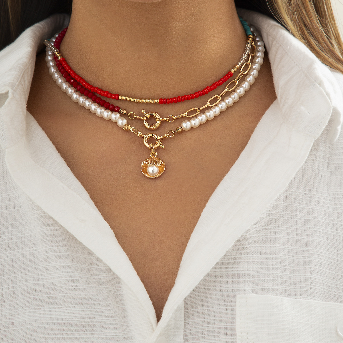 fashion Woman Jewelry niche splicing handmade woven for women's versatile shell imitation pearl pendant necklace decoration