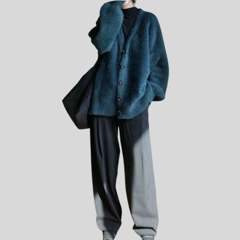 New autumn lazy wind lantern sleeves imitation mink fleece loose sweater casual knitted cardigan jacket women's thick