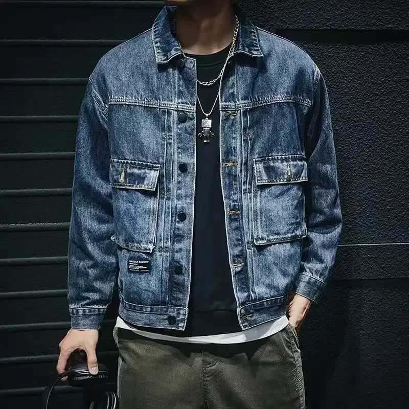 Mens Jean Coats Cargo Vintage Mens Denim Jacket Washed Aesthetic Outwear Menswear Korean Popular Clothes Size L Clothing Korea X250213