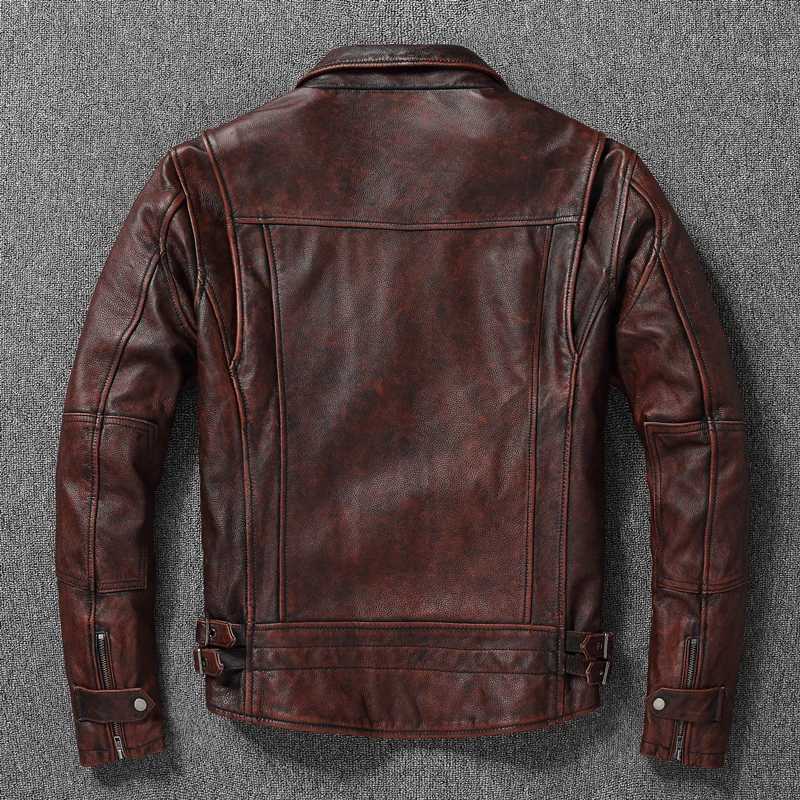 Top layer Cow Oversized Leather Jacket Red-Brown American retro Motorcycle Style Color Distressed High Sense Coat X2502131