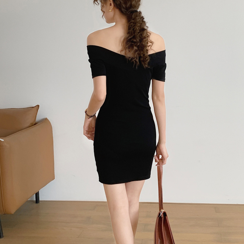 B3240 Cotton one-shoulder short-sleeved dress female temperament elegant little black dress hip short skirt solid color 2025 summer