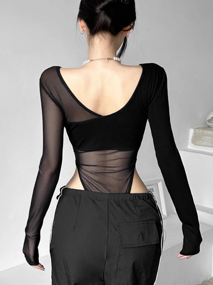 Black See Through Bodysuit Lingerie Sexy Long Sleeve Lenceria Femenina VNeck OnePieces Body Feminino Backless Tops For Women 250211