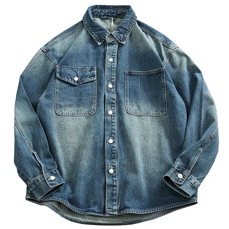 4XL Heavyweight Thickened Workwear Denim Shirt for Men American Vintage American Retro Distressed Washed Loose Shirt Jacket Coats X250213