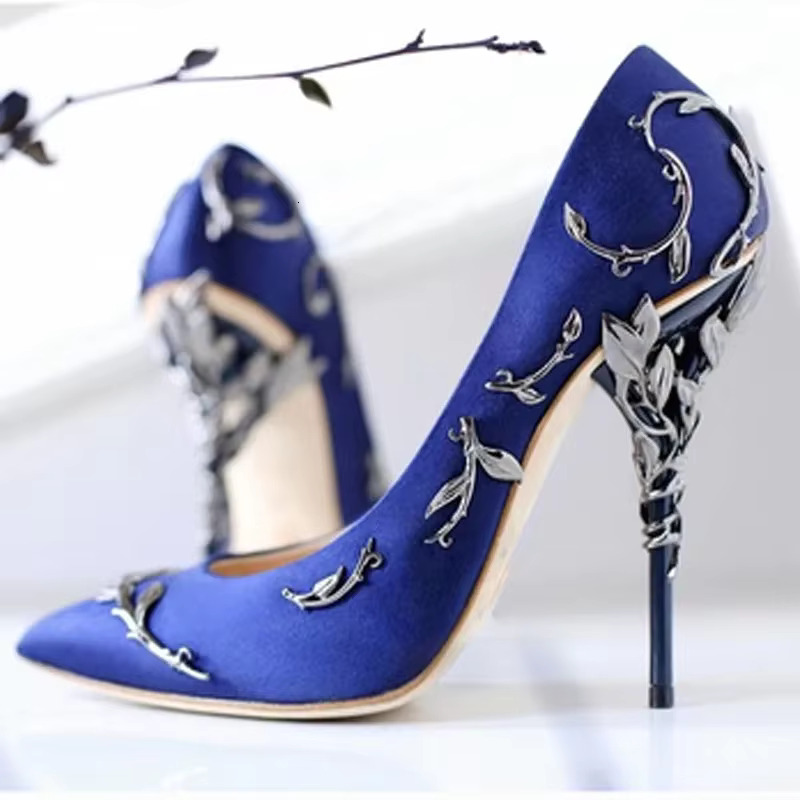 White Royal Blue Carved Metal Ral Branch Wrapped Heels Silk Pumps Glitter Buds Stilettos Pointed Toe Wedding High Heel Shoes