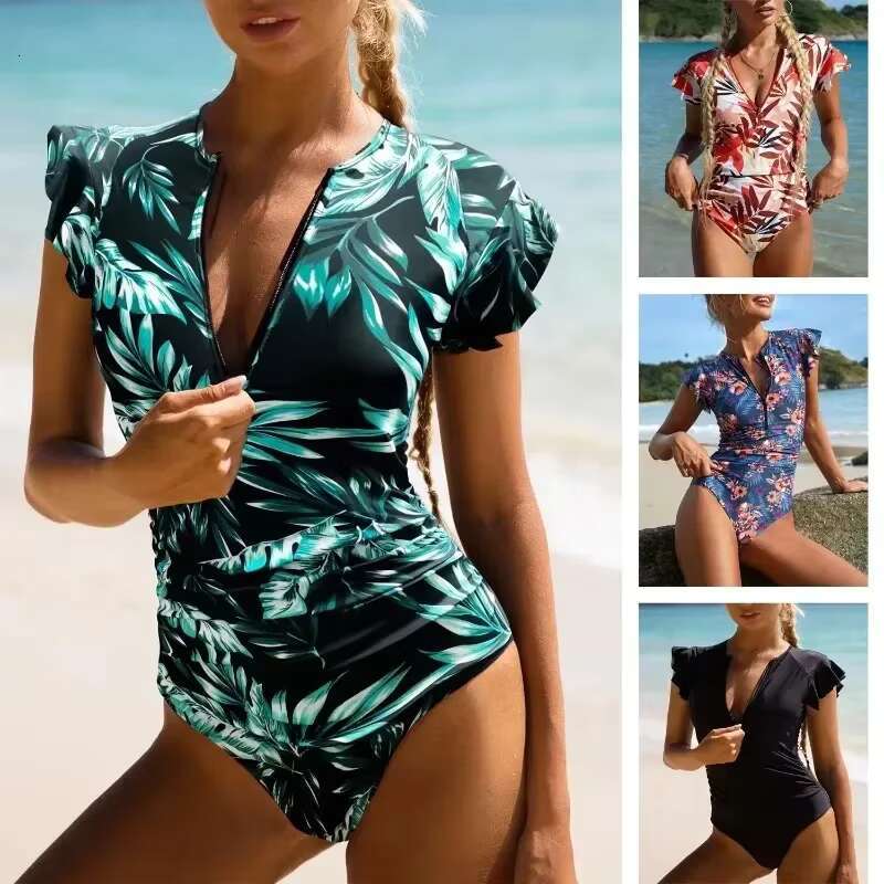 2024 Fashion Short Dress One-Piece Zipper Swimsuit Sexy Bikini Women's Thickened Printed Swimming Beach Wear Summer