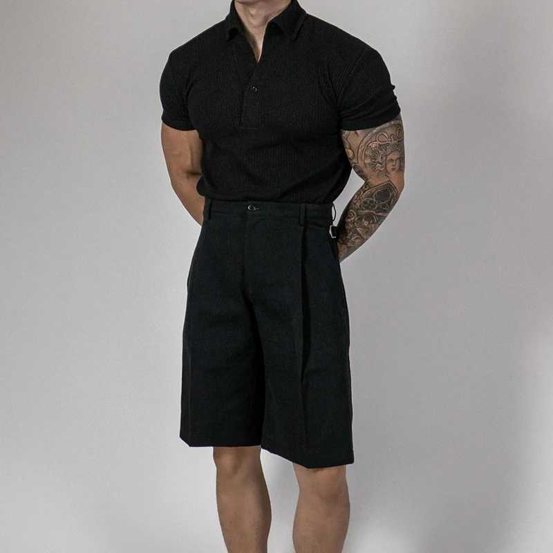 Fashionable ribbed polo shirt for men sports and fitness muscle short sleeved slim fit elastic top casual solid color lapel polo mens T-shirt X250213