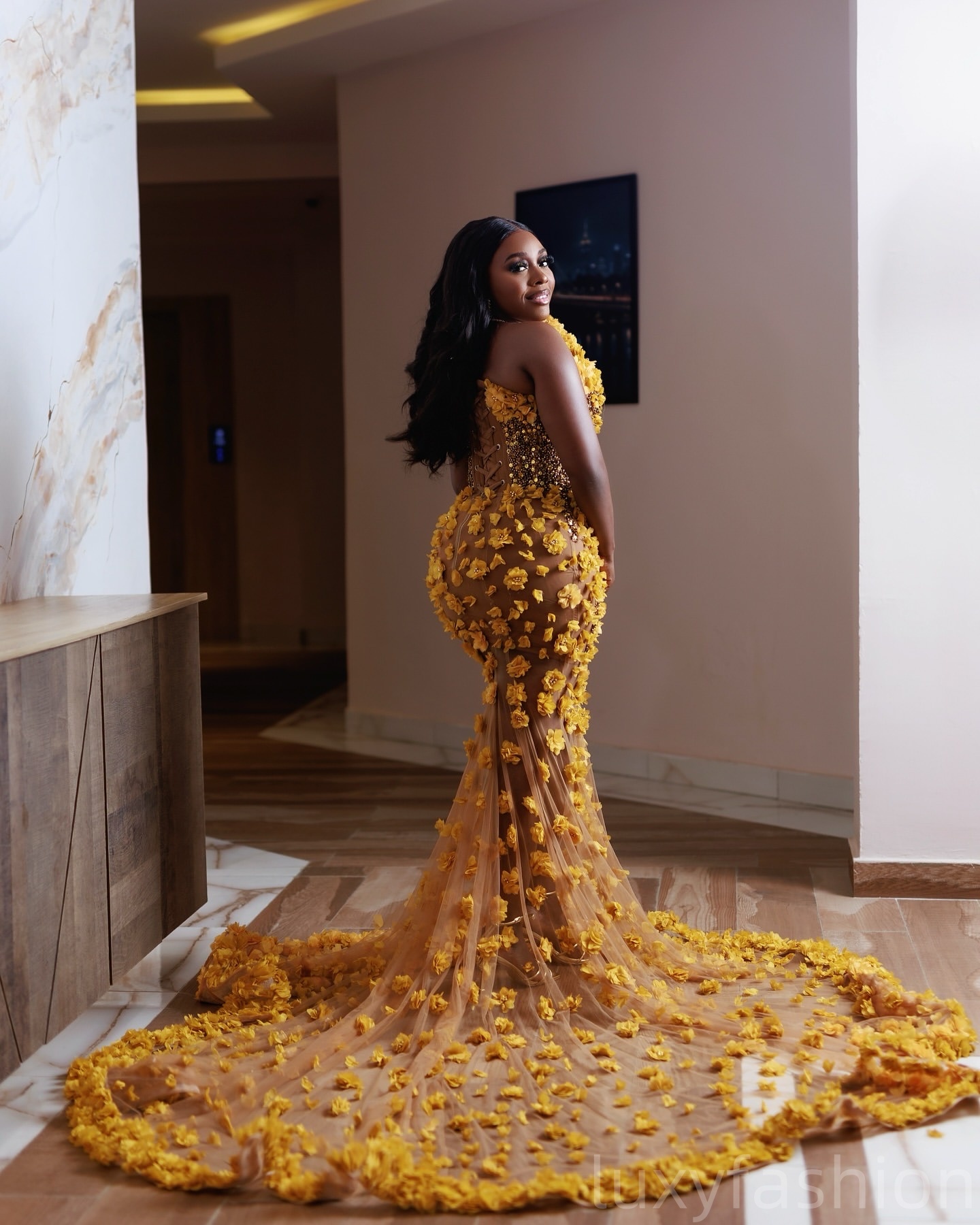 Aso Ebi 2025 Yellow Illusion Mermaid Prom Dresses Flowers Beaded Luxurious Evening Formal Party Second Reception Birthday Gowns Dress For Special Occa
