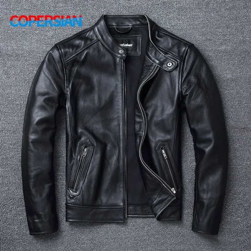 Top Layer Cowhide Slim Fit Stand Collar Motorcycle Suit Mens Leather Jacket Soft Cowhide Large Size Jacket Fashion X250213