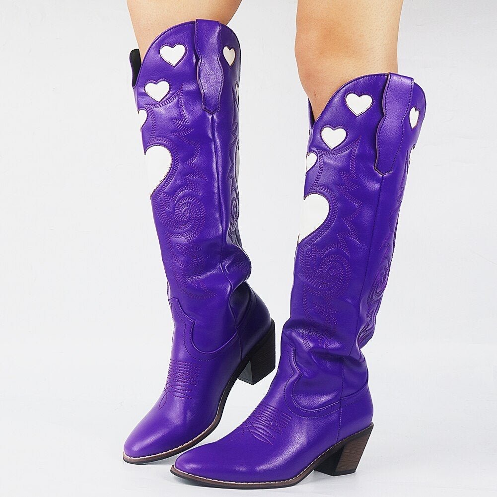 2025 new Pink Heart Shape Knee High Cowboy For Women Retro Patchwork Sewing ral Western Boots Shoes 231204