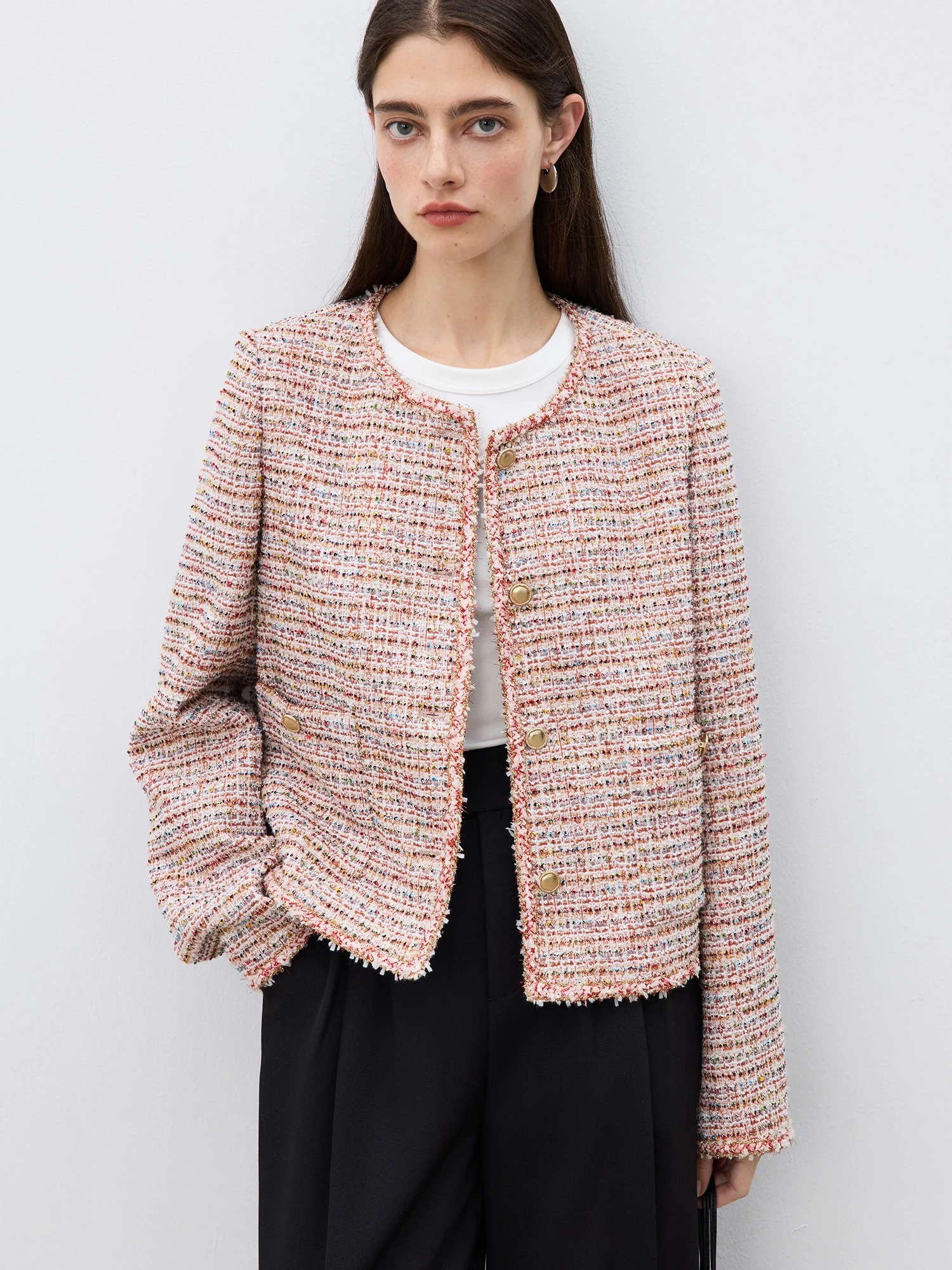 ZIQIAO Women T Jackets Spring Casual Short Coats Front Shoulder Round Neck Pink Jacket 25ZQ91184 250122