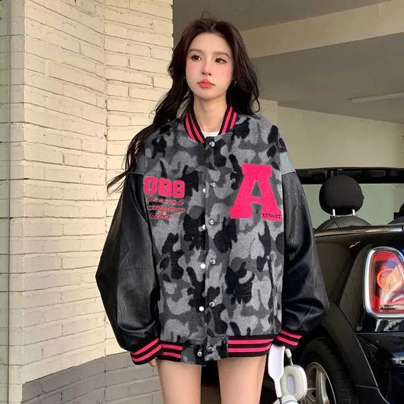 2024 New Camouflage Student Loose American Retro Baseball Jacket Embroidered Letter Design Vintage Baseball Jacket for Girls X250213