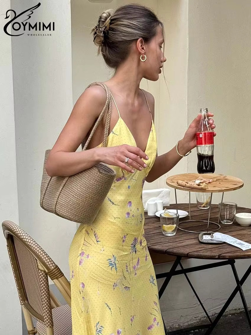 Oymimi Casual Yellow Print Women's Elegant Spaghetti Strap Open Back Dresses Autumn Fashion High Waist Ankle-Length Dress
