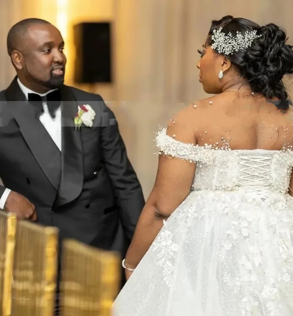 Plus Size African Wedding Dress with Sheer Necklace Lace-Up Back and Beaded Sequin Detail