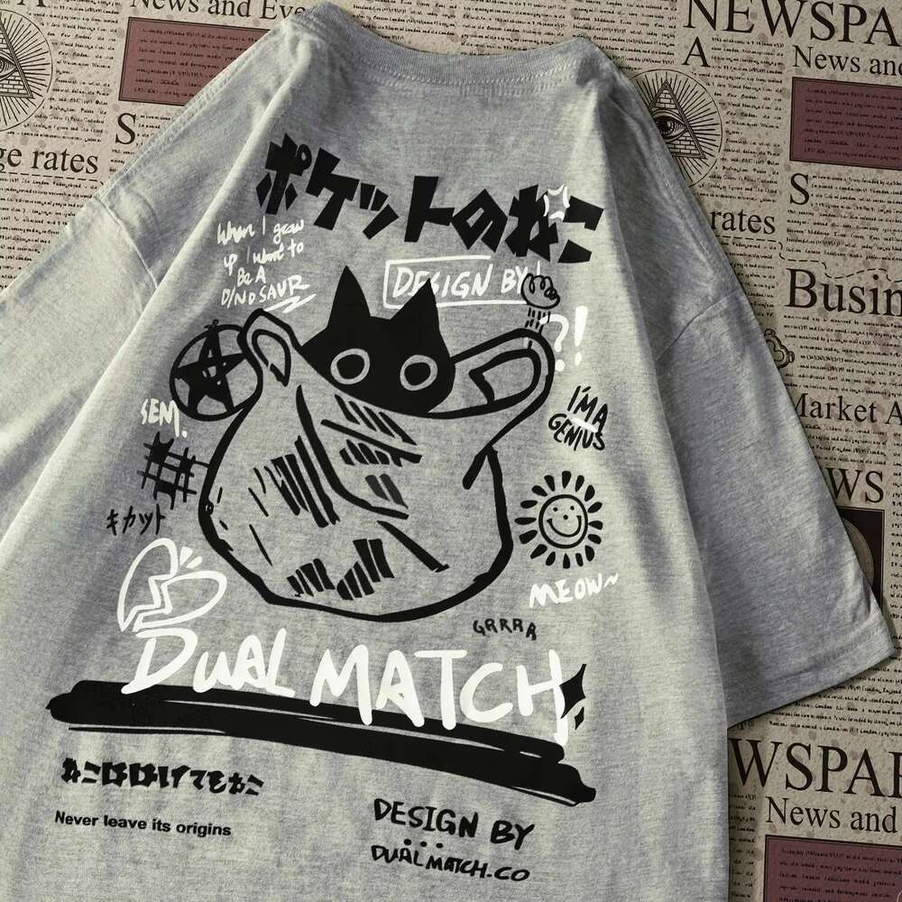Men's Women's Cartoon 2024 Haruku Kawaii Cat Print Short Sleeve Plus Size T-Shirt Couple Street Loose Clothes Y2k Top