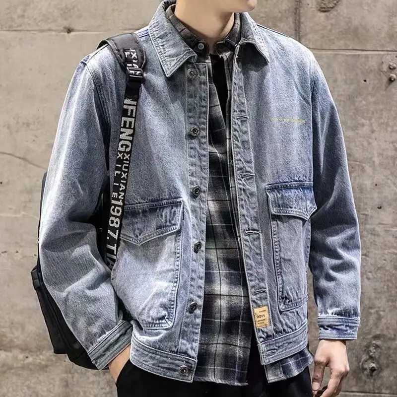 Mens Loose Jeans Jacket Fashion Streetwear Blue Dark Gray Denim Coat Outwear X250213