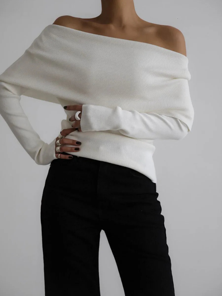 Womens Off Shoulder Sweater Spring Autumn Long Sleeve Slim Knitted Top Pullovers Jumper High Stretch Bottoming Shirts Winter 250210