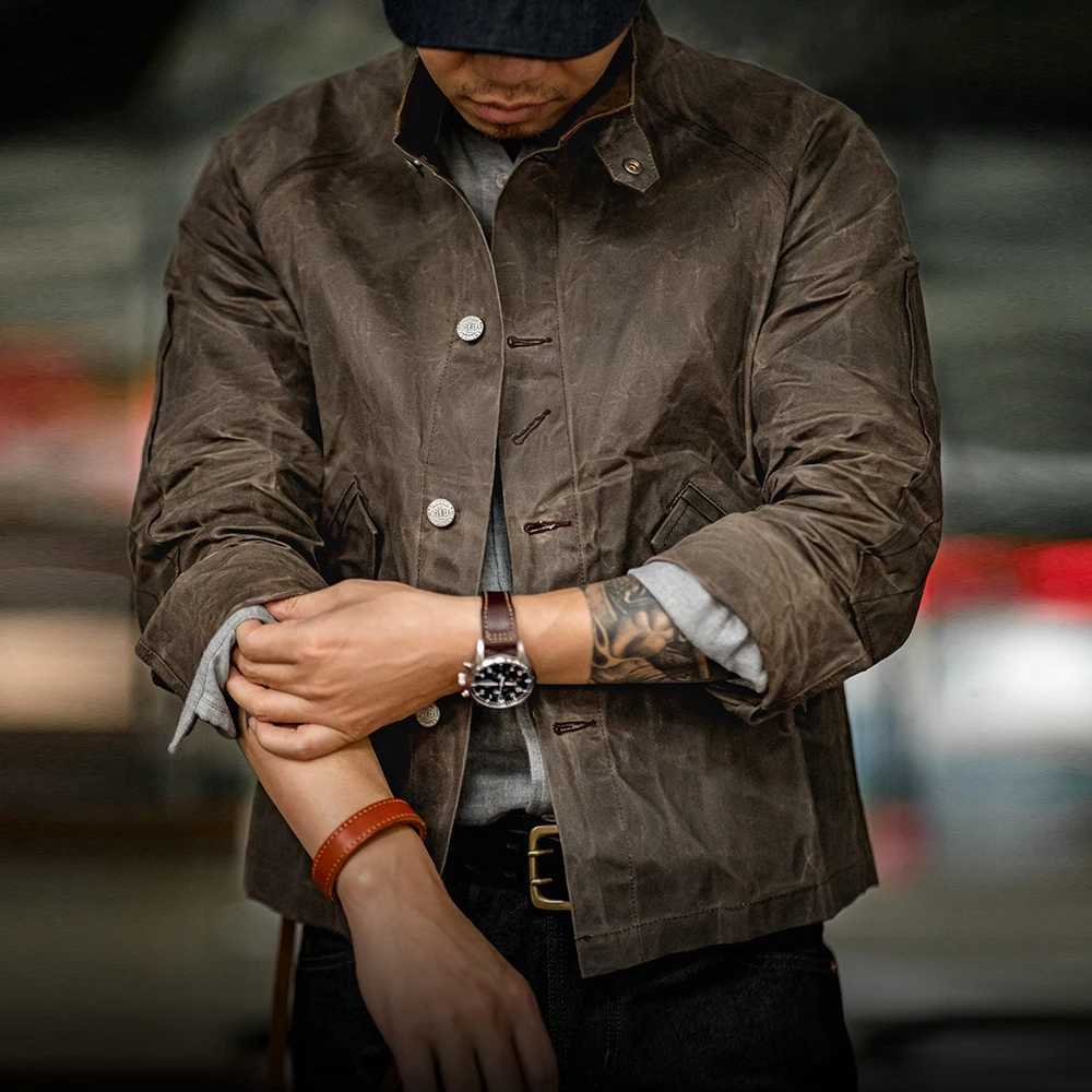 Maden Vintage Stand Collar Oil Waxed Jacket MadeMade for Mens Waterproof Canvas Solid Color Classic Hunting Coat for Autumn X250213
