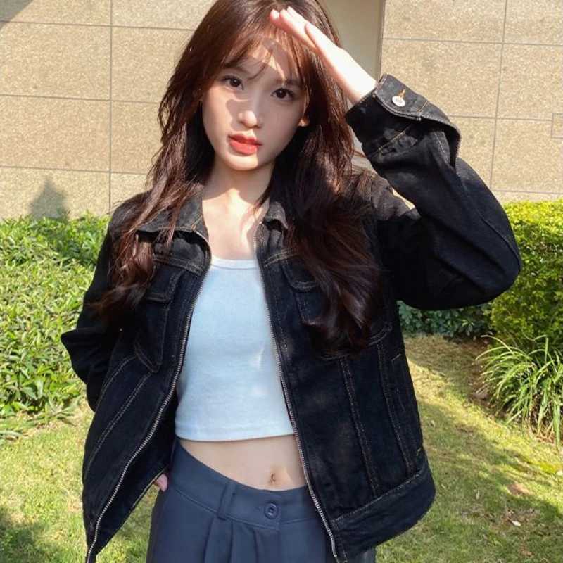Black denim jacket American style retro spring autumn crop zipper all-round college casual youth street clothing Chaqueta X250213
