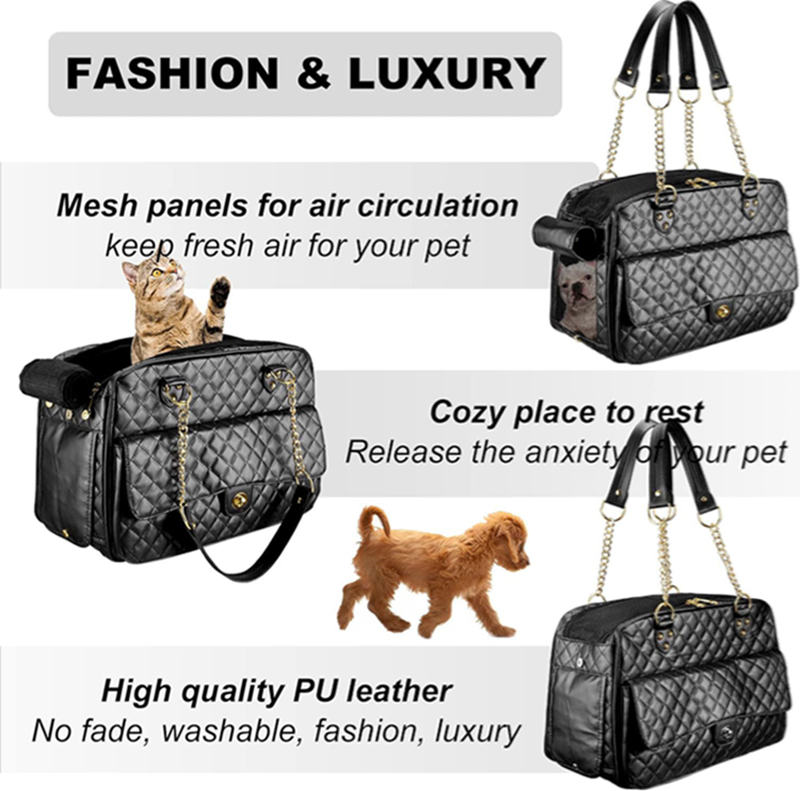 Dog Carrier Handbag with Large Pockets, Double Sided Breathable Mesh,Holds Up to 8lbs Quality PU Leather Pet Carrier, Airline Approved Puppy Carrier f